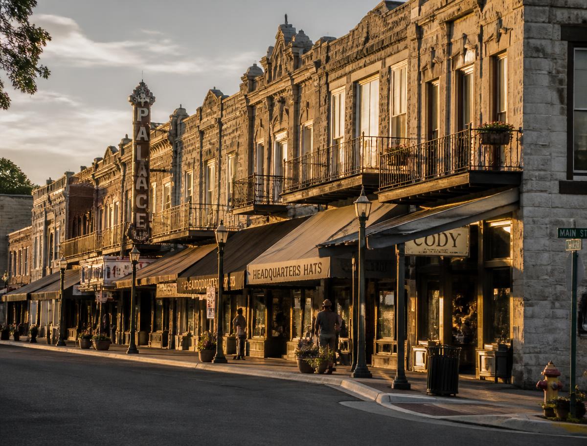 Historic limestone and brick storefronts along Main Street in Fredericksburg, Texas
