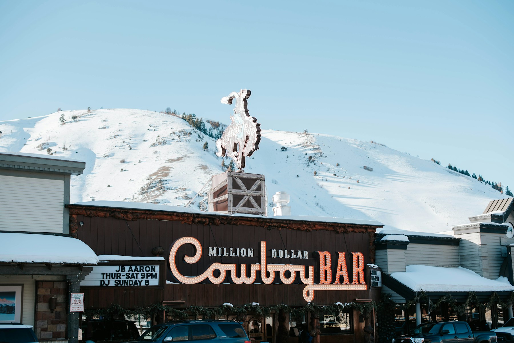 Snow covered buildings in downtown Jackson Hole, Wyoming