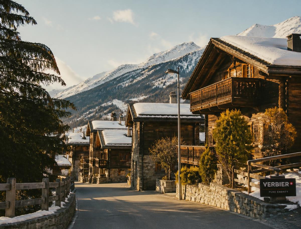 Wooden chalets with snow covered roofs along a village street below alpine peaks in Verbier