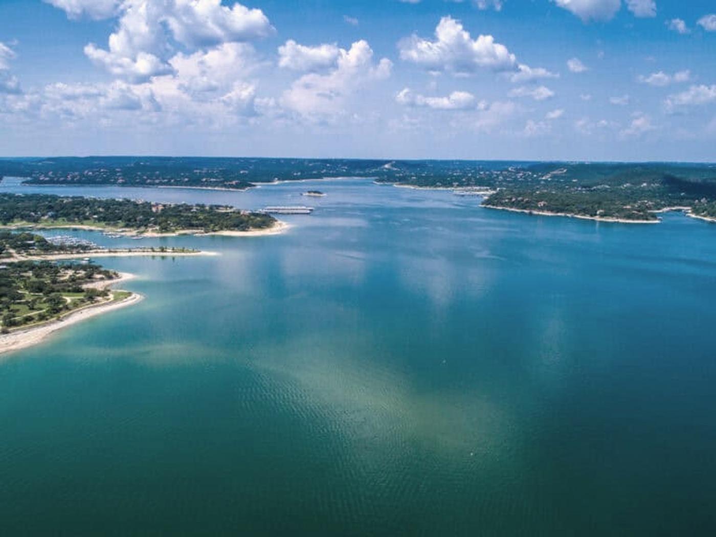 Aerial view of the turquoise coves of Lake Travis outside Austin